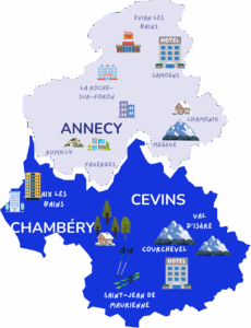 carte savoie (73) et haute savoie (74) duret et activités chantier