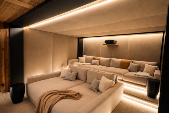salle de cinéma de luxe avec équipements TRIAD, FOCAL, et SONY
